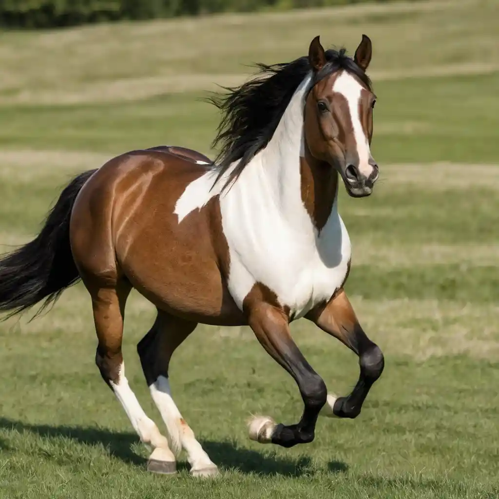 Caballo marrón y blanco trotando por un campo de hierba soleado