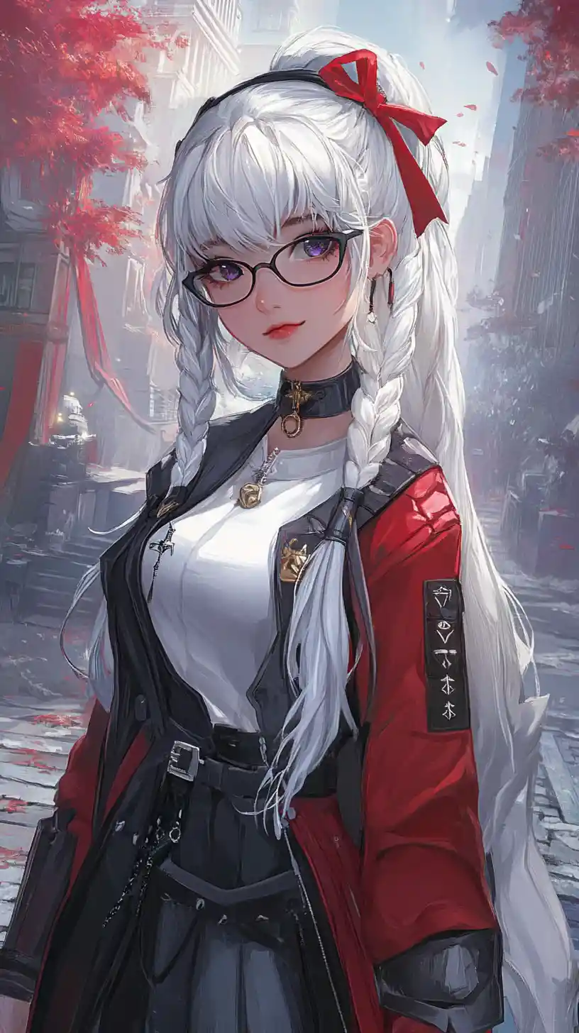 Anime girl with silver hair in formal black and white outfit