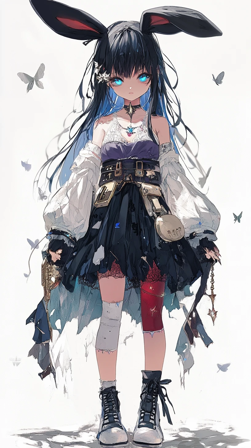 Garota de anime com longas orelhas de coelho e saia preta estrelada