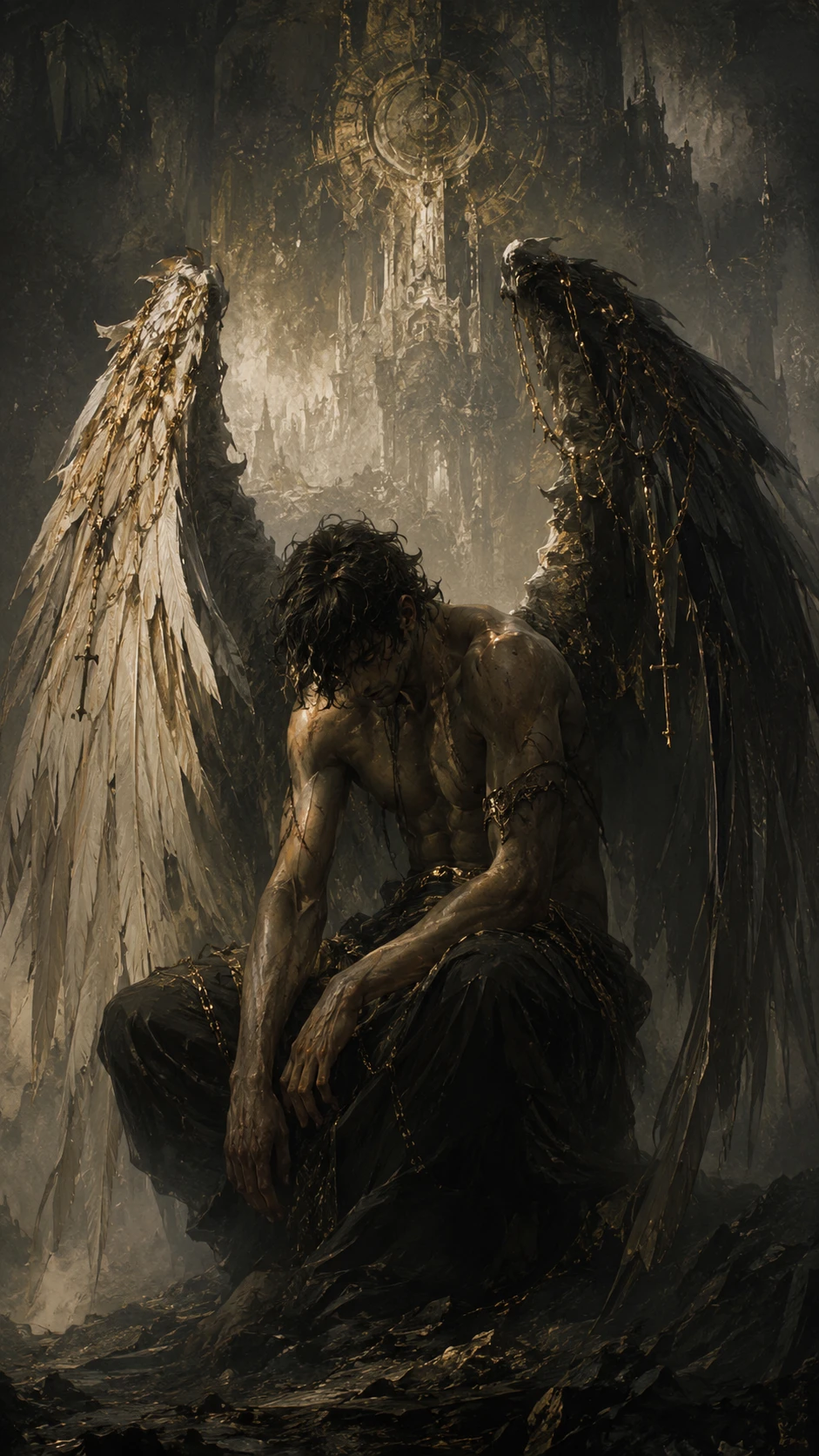 Brooding fallen angel in a shadowed fantasy landscape