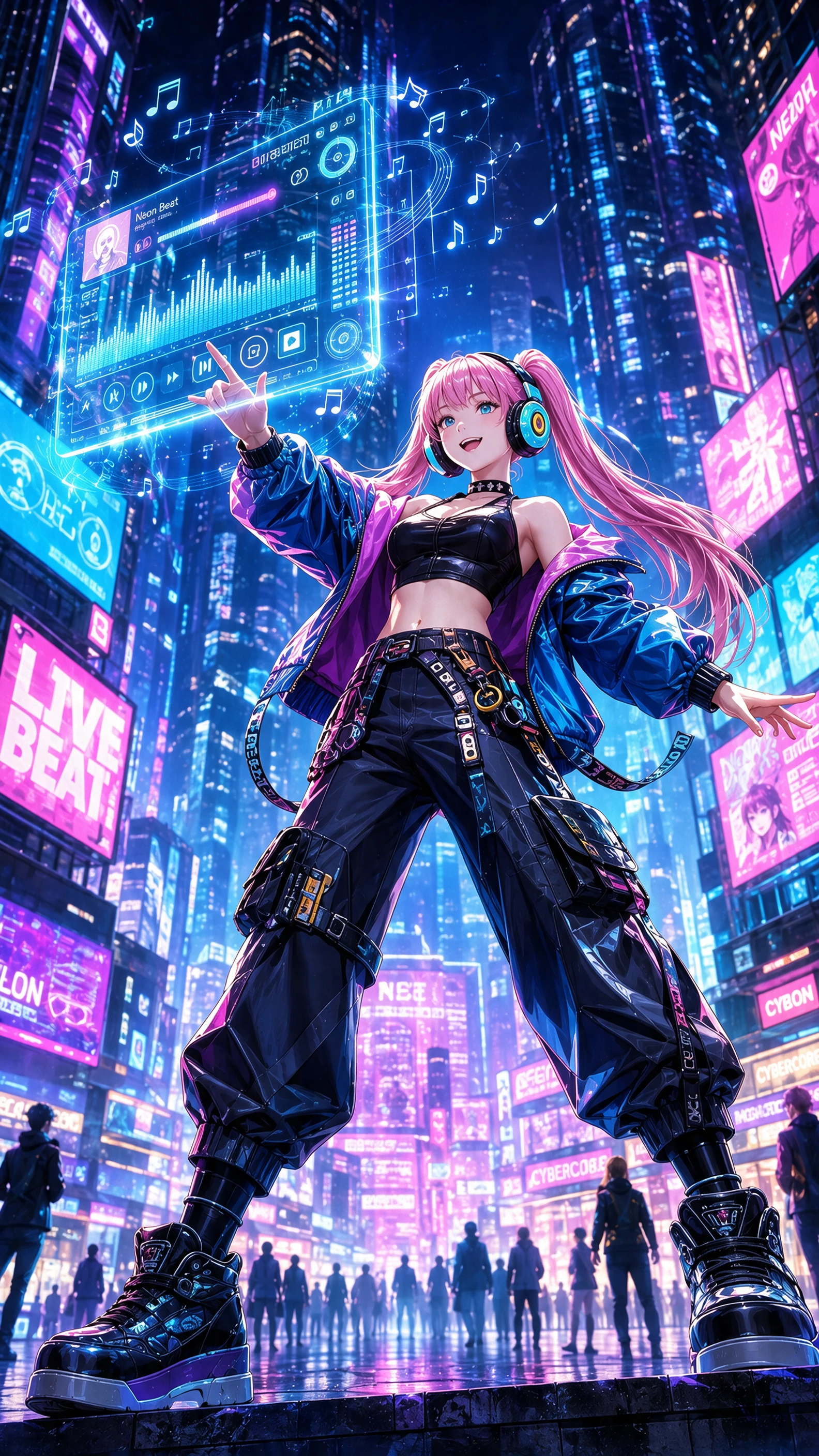 Cyberpunk-Anime-Mädchen performt mit holografischem Musikkonsolentisch