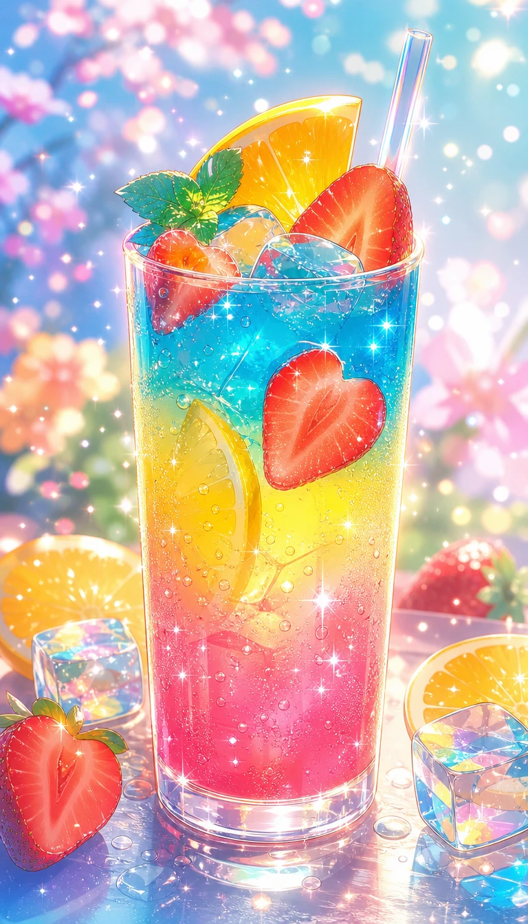 Anime fruit drink in glowing layered glass illustration