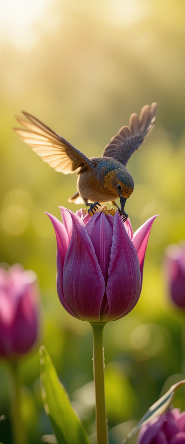 Hummingbird feeding inside a purple tulip in sunlight