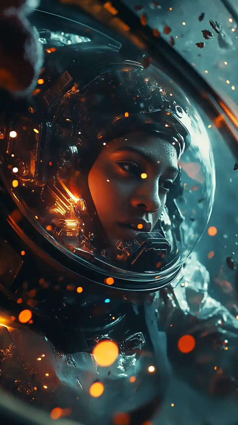 Afrofuturistic deep sea pilot in glowing sci fi cockpit