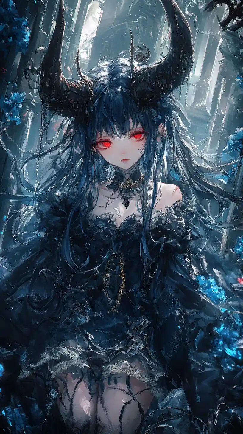 Fille d’anime aux cheveux bleu foncé et à la corne démoniaque