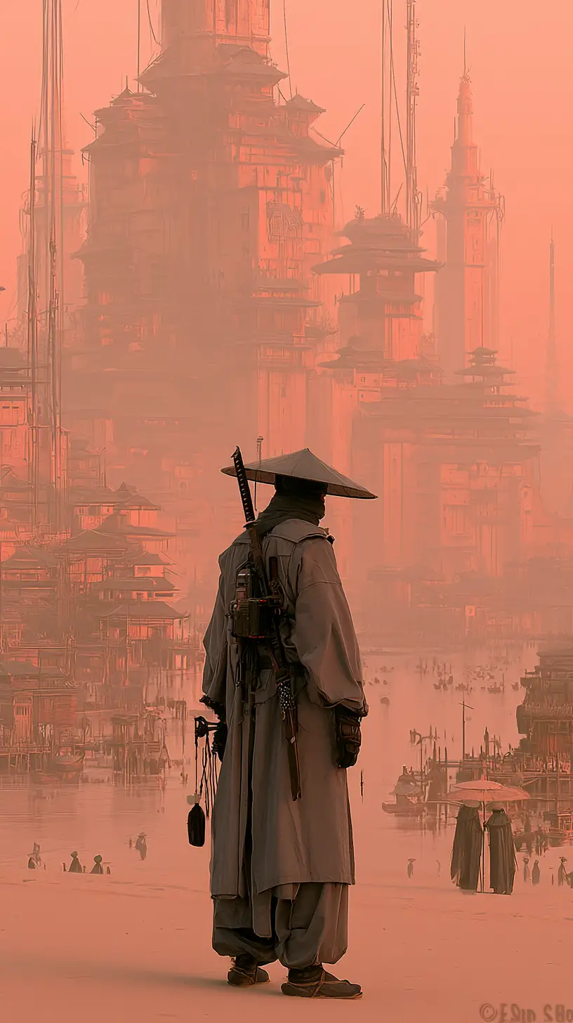 Ninja du Japon féodal devant un grand château