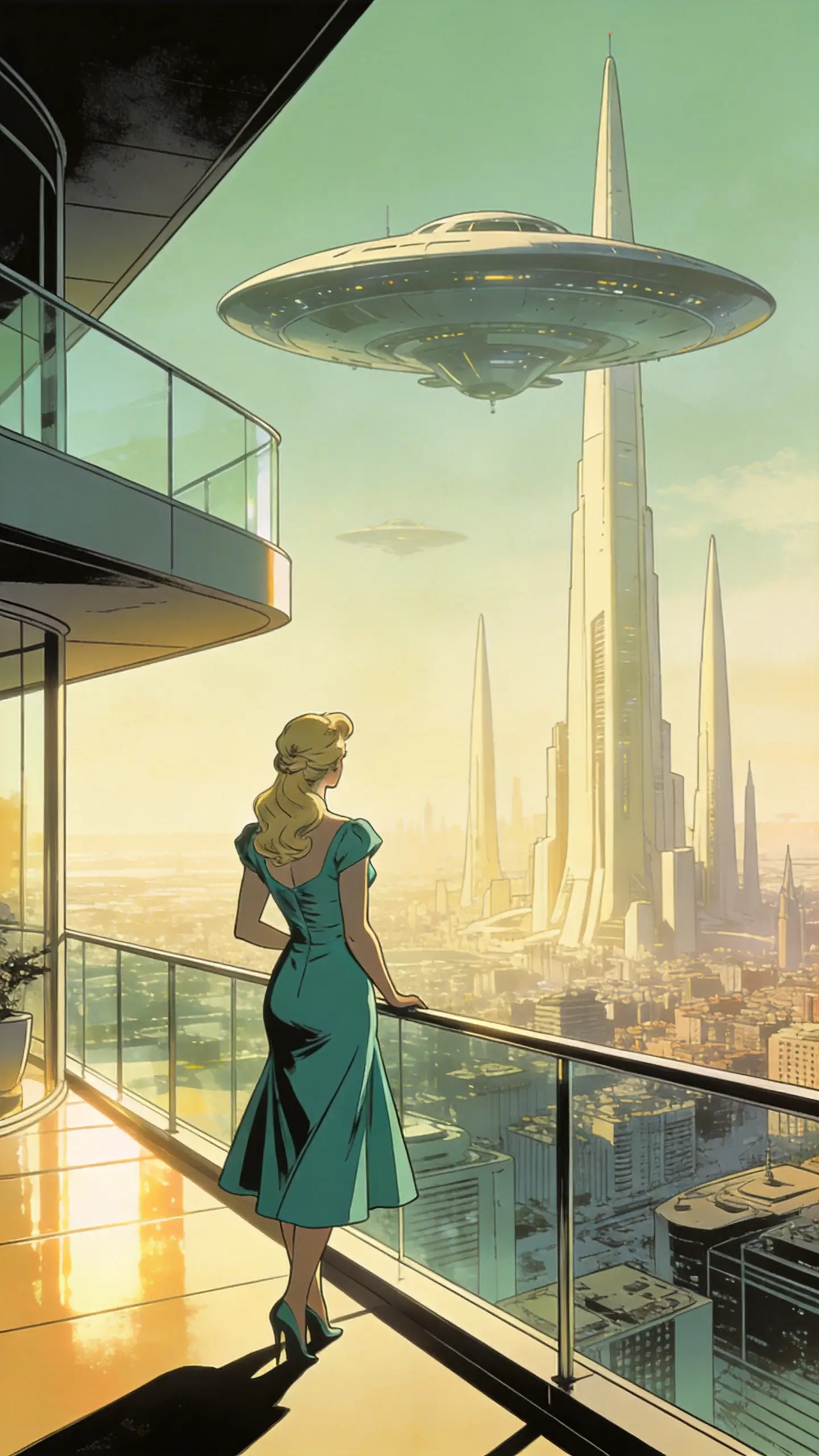 Femme en robe bleu sarcelle contemplant une ville sci-fi rétro futuriste