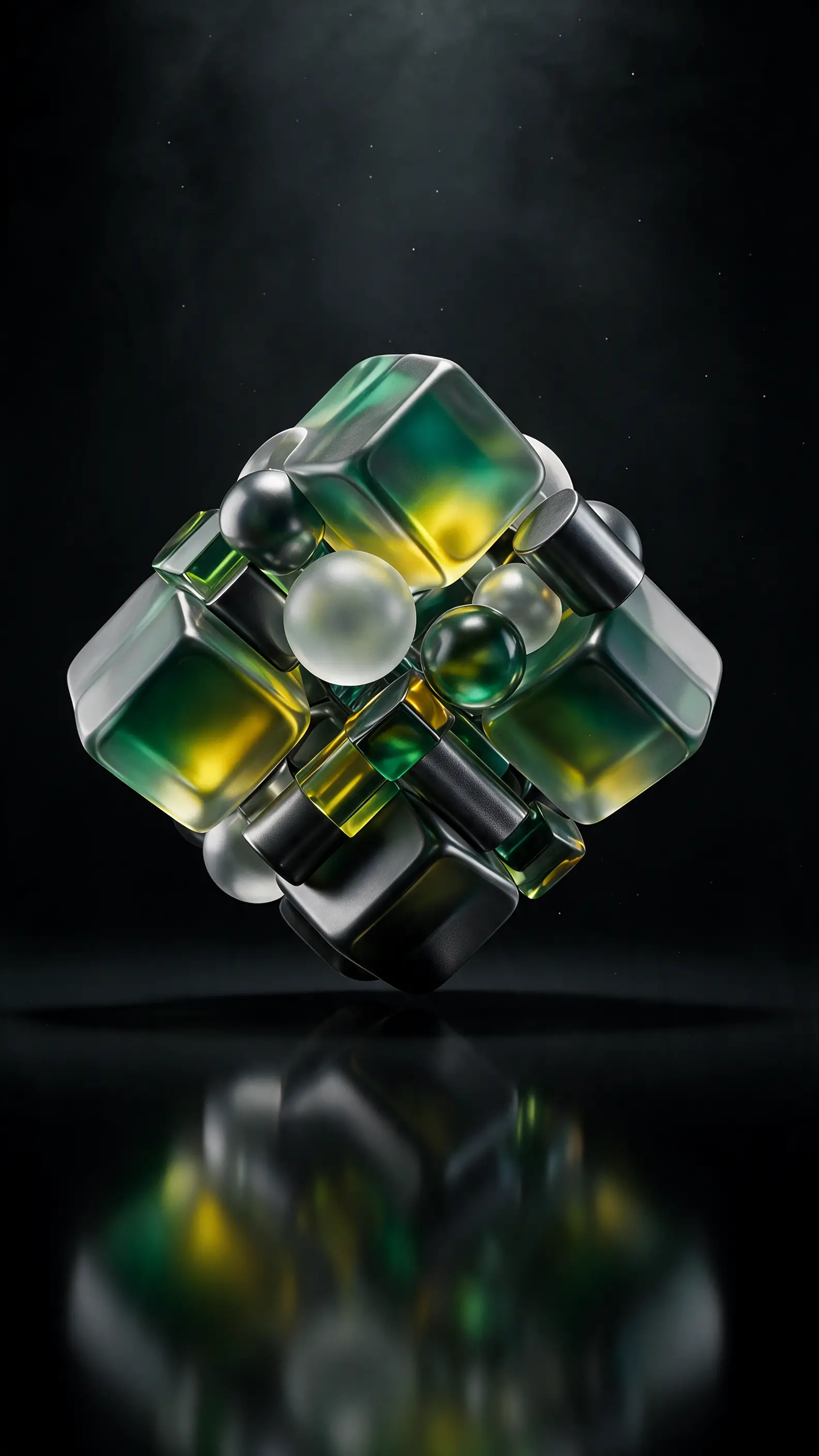 Abstrakte 3D-geometrische Skulptur mit Graphit- und Limettenakzenten