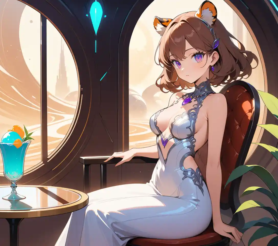Elegant fantasy woman with tiger ears in a sunny cafe