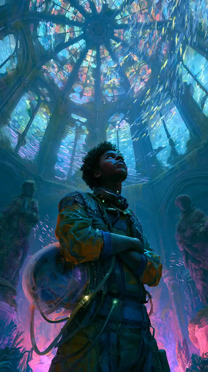 Afrofuturistische Pilotin in einer riesigen versunkenen Unterwasserkathedrale