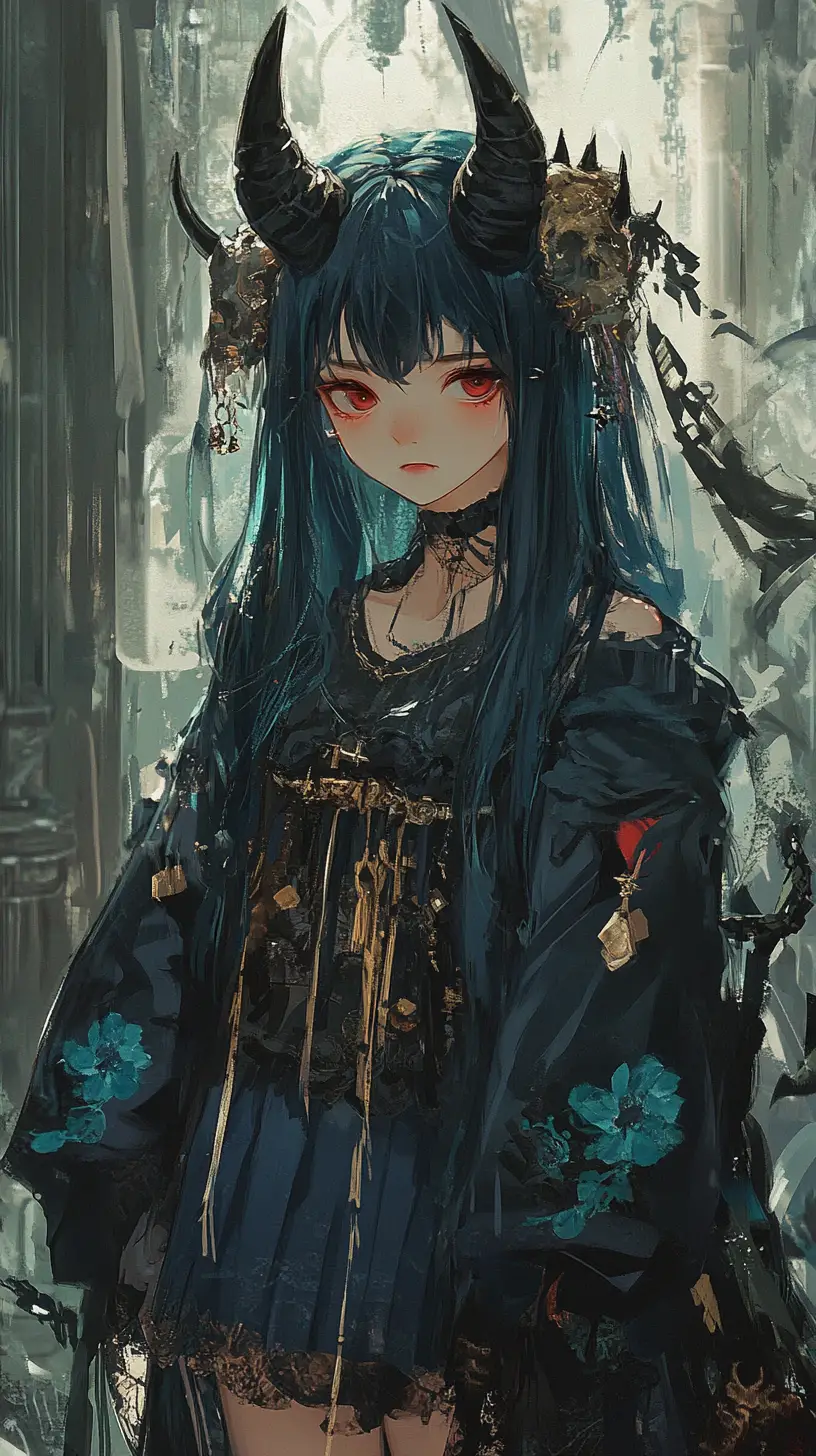 Anime girl with demonic horn in ornate fantasy outfit