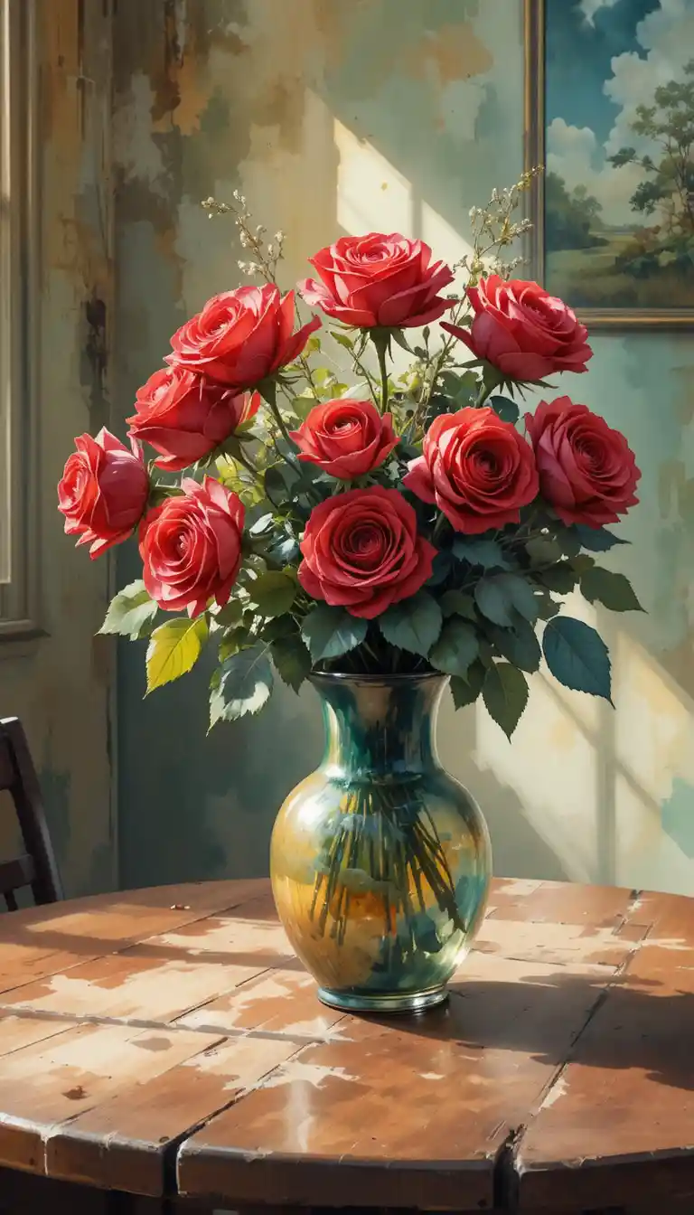 Roses rouges à l’aquarelle dans un vase sur table de campagne rustique