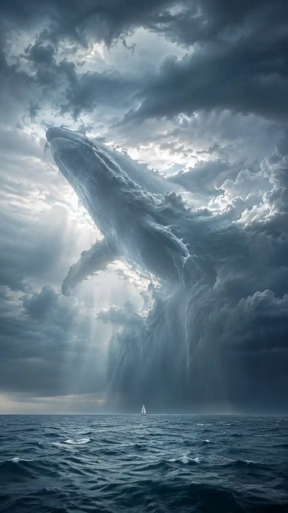 Cielo tormentoso sobre el océano formando la silueta de una ballena gigante