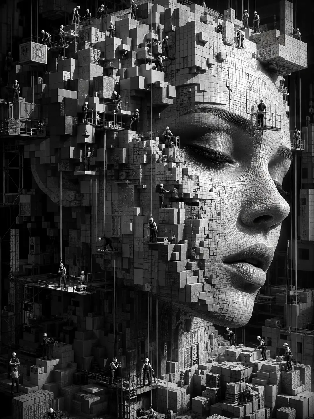 Surreal grayscale female face built from tiny cubic blocks