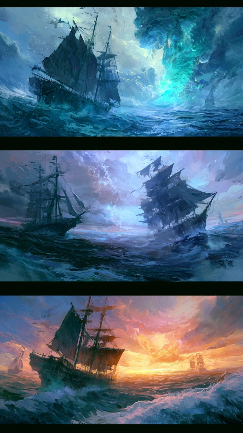 Nave fantasma che fluttua in modo drammatico su un oceano oscuro
