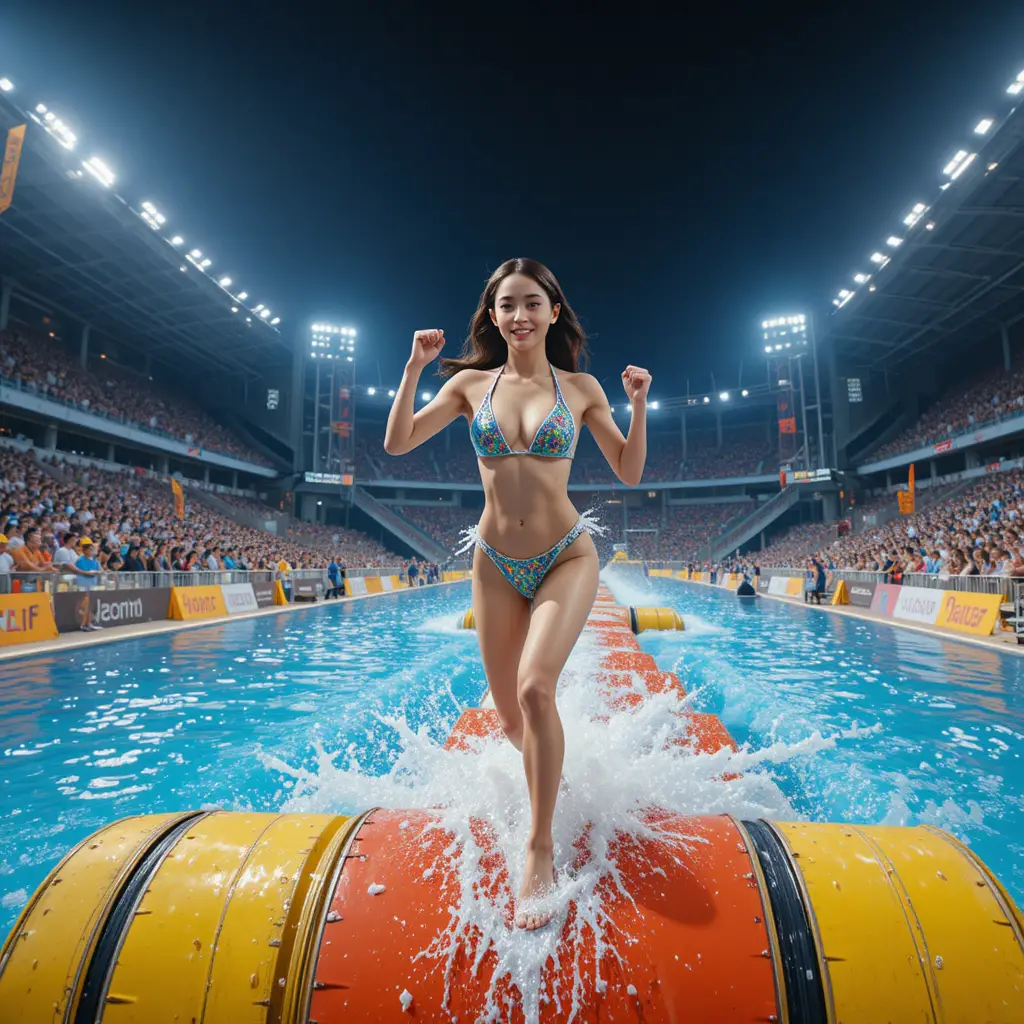 Confident woman enters Japanese nighttime water obstacle arena