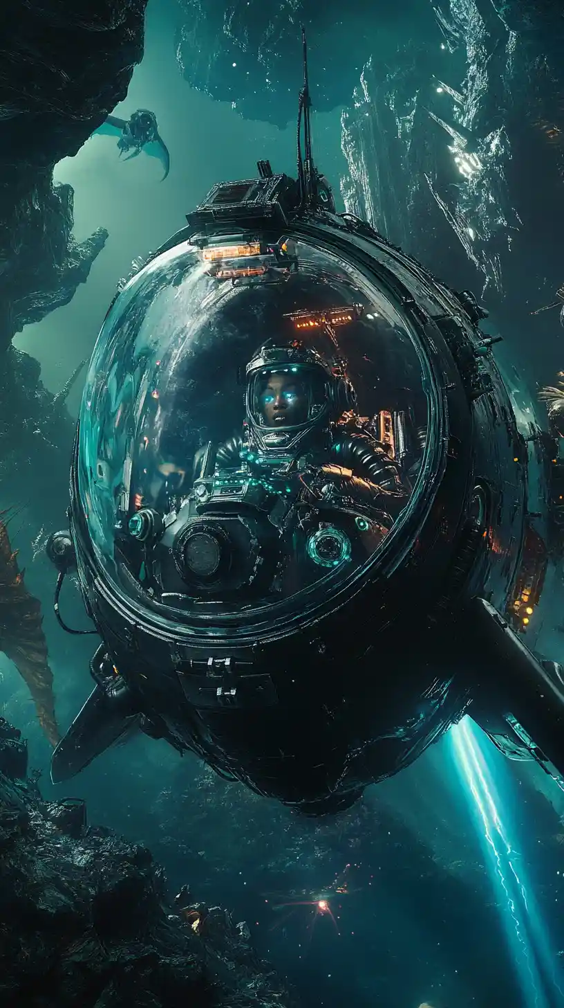 Afrofuturistic deep sea pilot in a glowing glass cockpit
