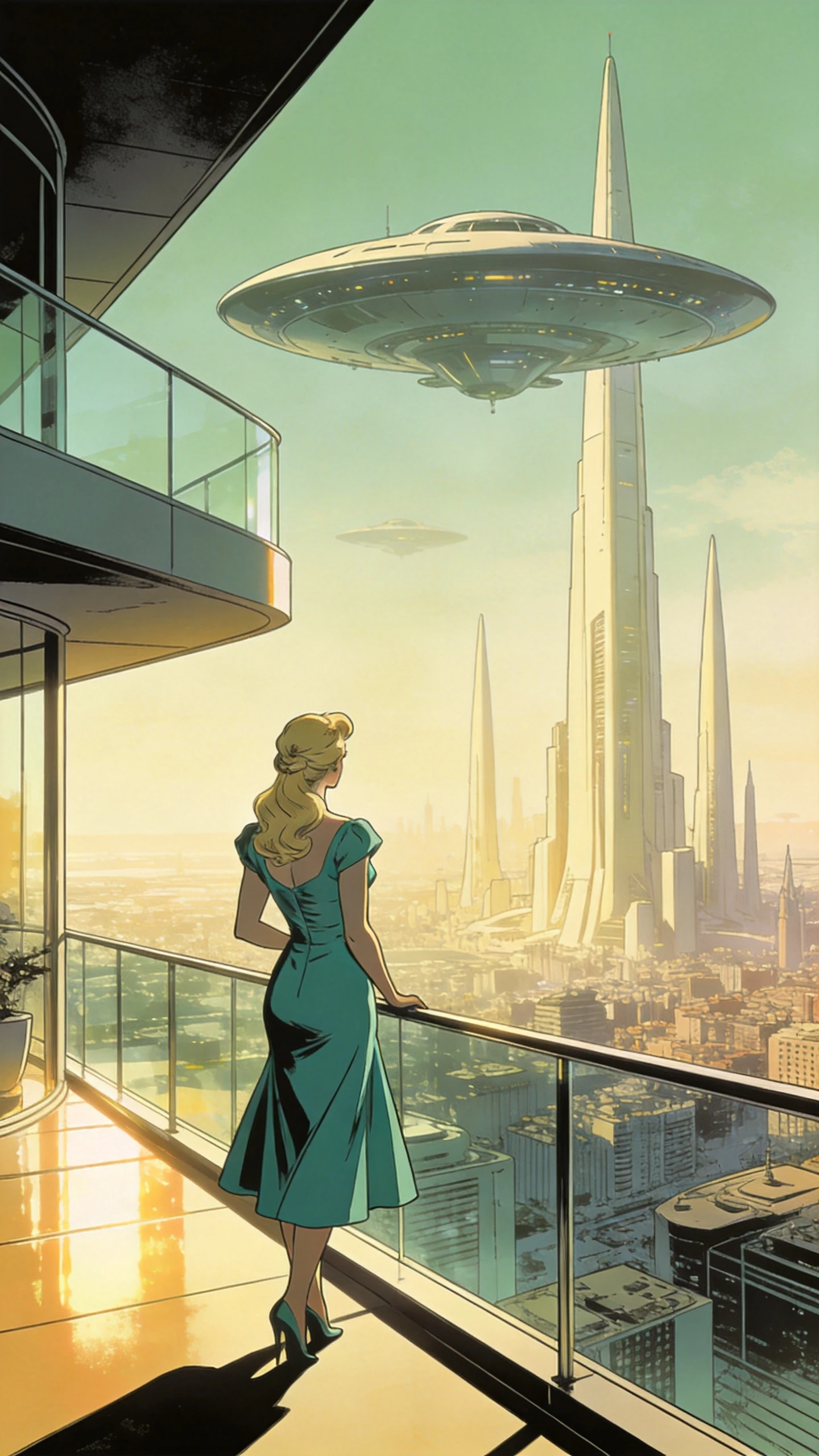 Mujer con vestido verde azulado contemplando ciudad retro futurista de ciencia ficción