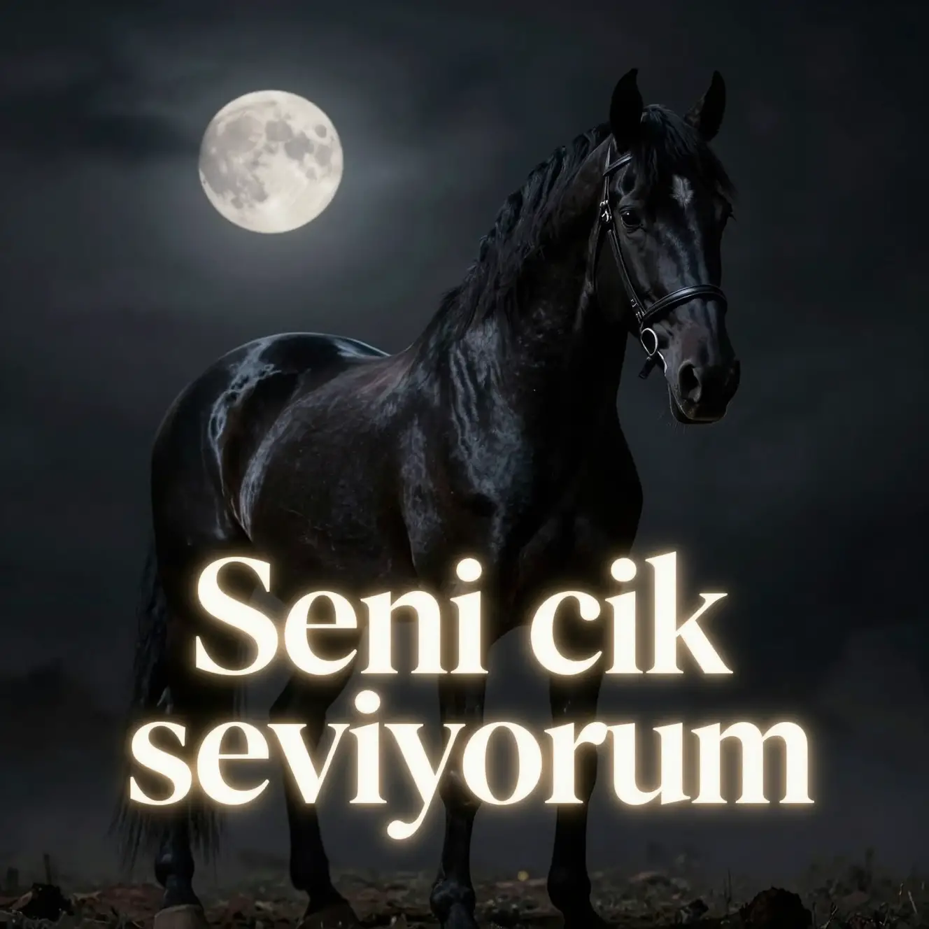 Texte romantique en turc au‑dessus d’un cheval noir dans la brume au clair de lune