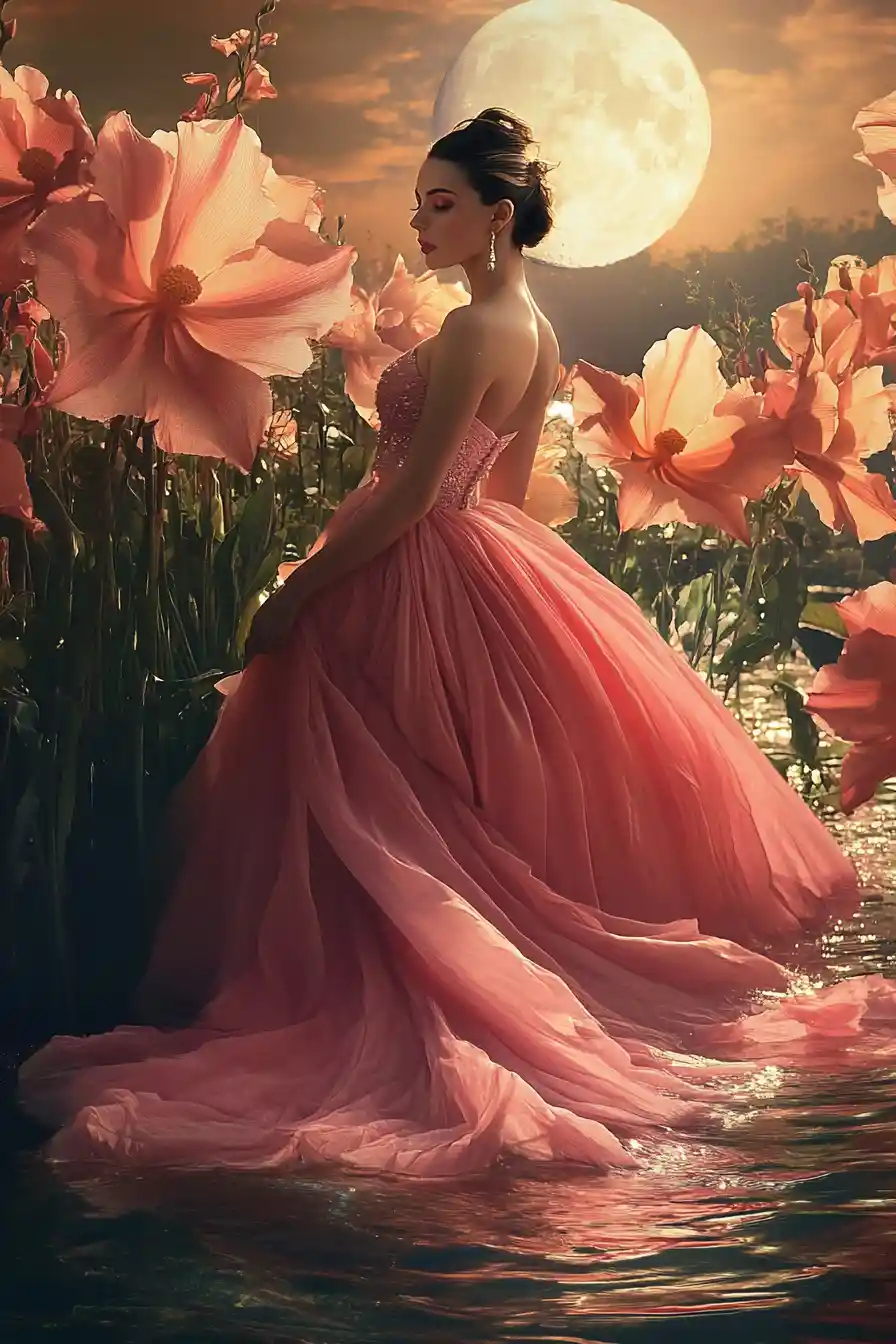 Mujer elegante con vestido rosa deslizándose sobre un lago tranquilo