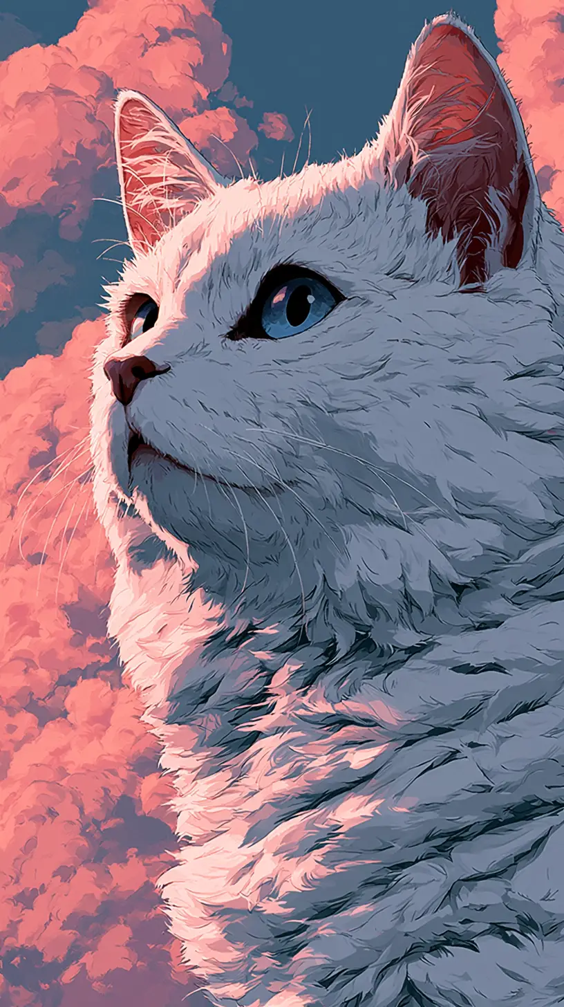 Cute white cat with big blue eyes in pink clouds