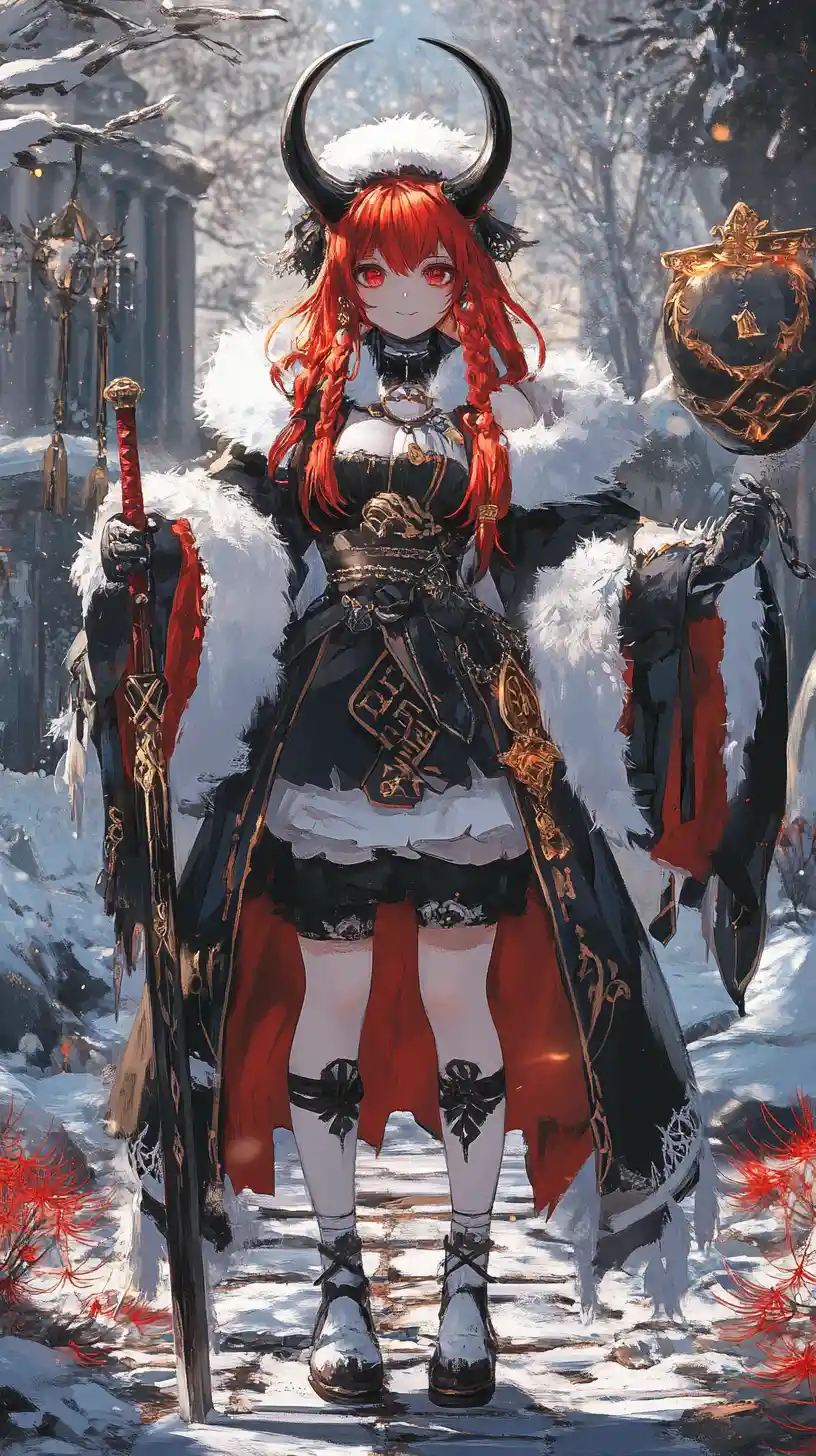 Fille d’anime rousse brandissant un marteau de guerre