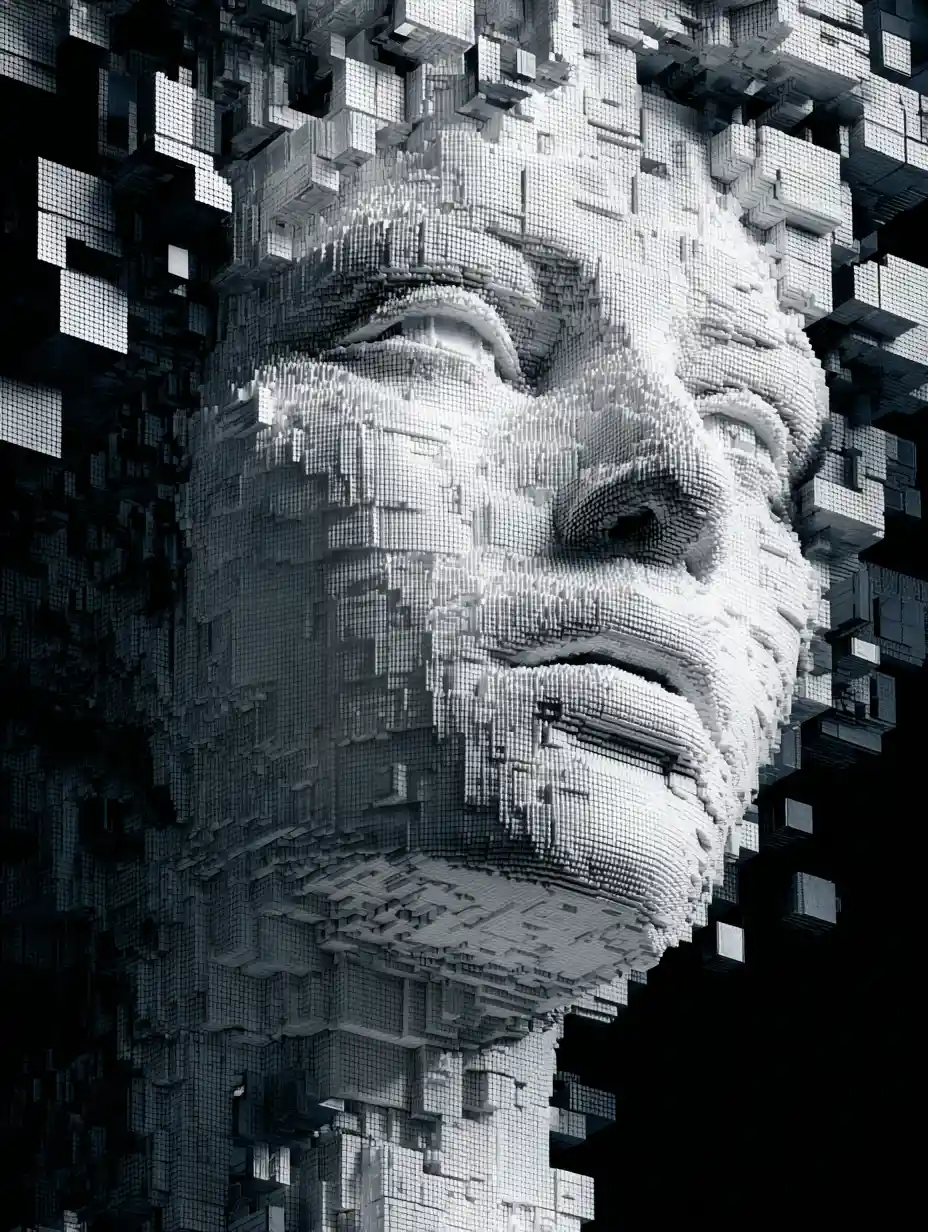 Visage féminin surréaliste construit à partir de minuscules cubes et d’ouvriers
