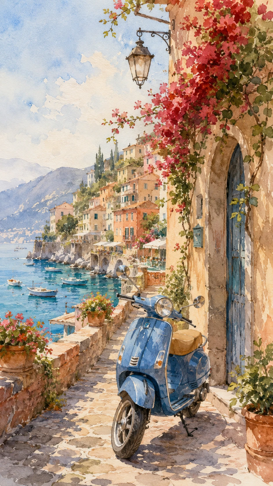 スクーターのあるイタリアの海辺の村の水彩風景
