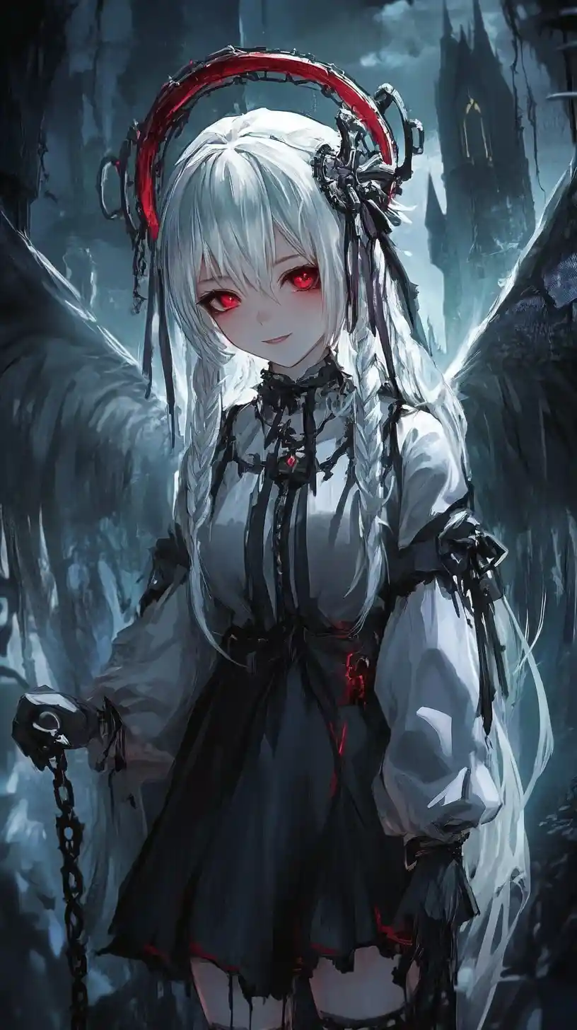 Grease stained anime girl with braids and torn skirt