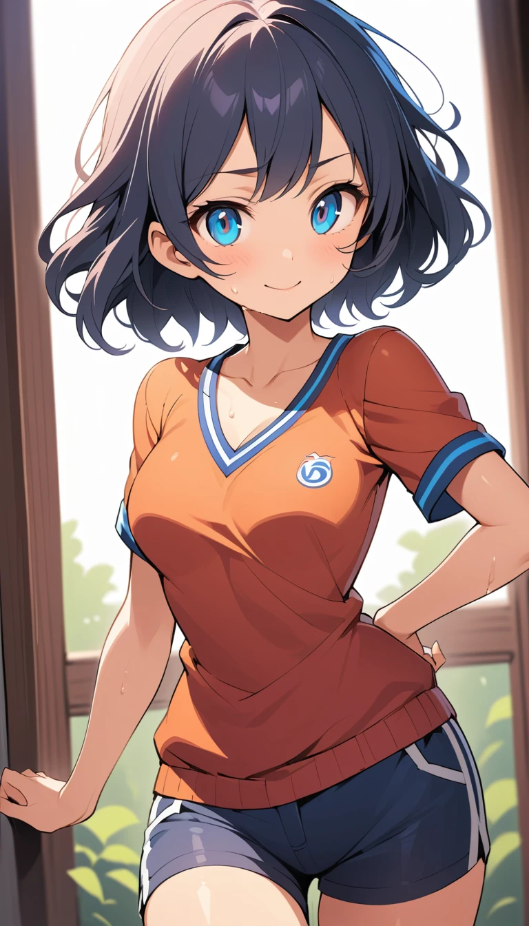 Garota de anime divertida com suéter esportivo e shorts desabotoado