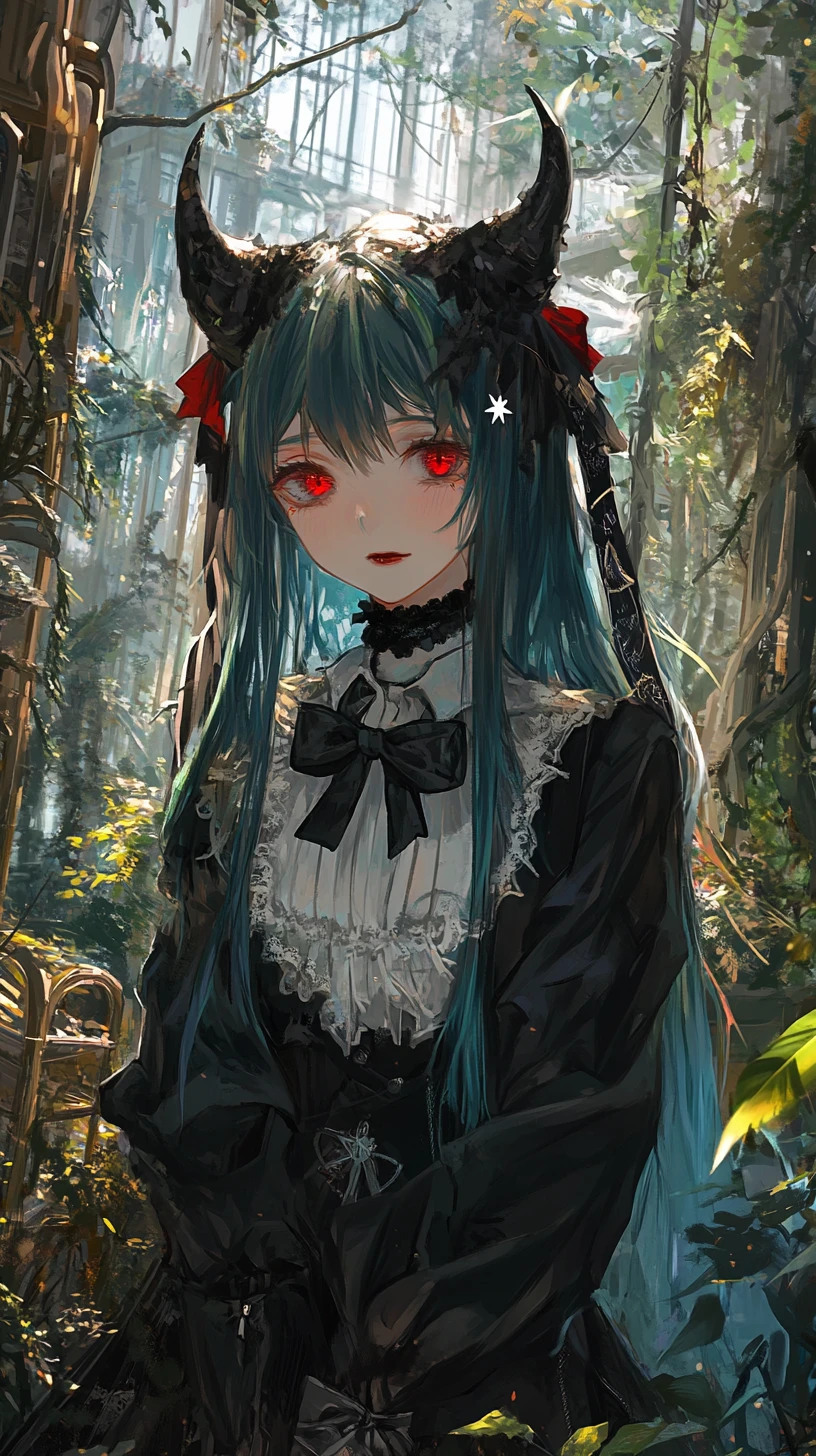 Sentiero in serra in stile anime con piante esotiche e lampione