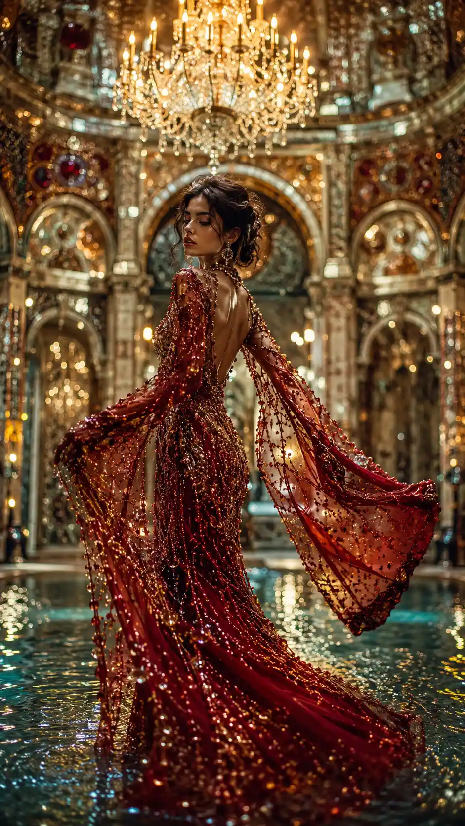 Femme surréaliste dans un palais vénitien de verre et d’or