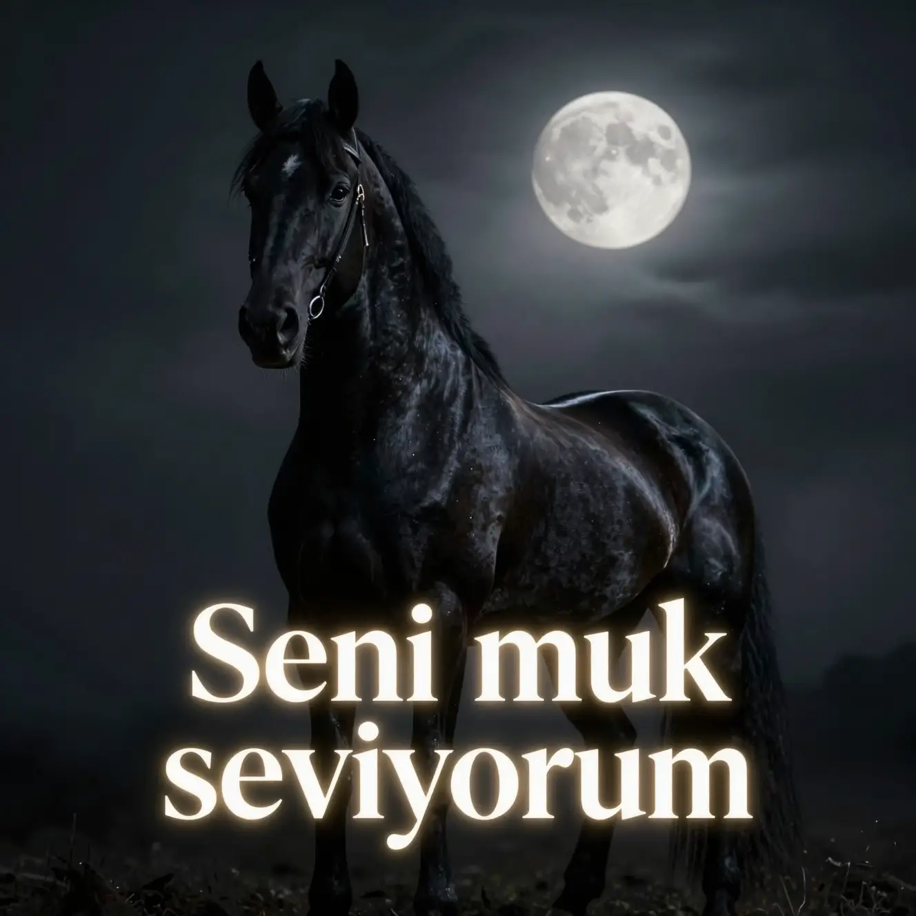 Citation turque romantique au‑dessus d’un cheval noir dans la brume au clair de lune