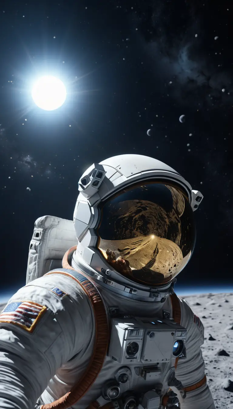 Astronauta solitário flutuando no espaço profundo perto de uma lua imensa