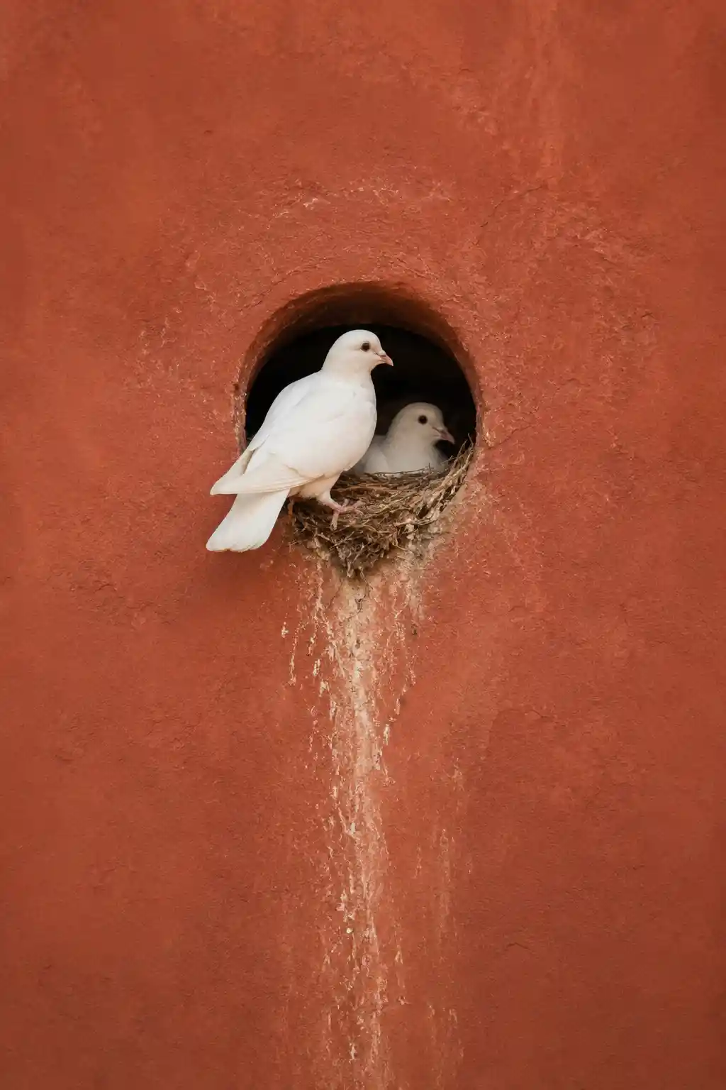 Zwei weiße Tauben ruhen in einem Nest in einer roten Wand