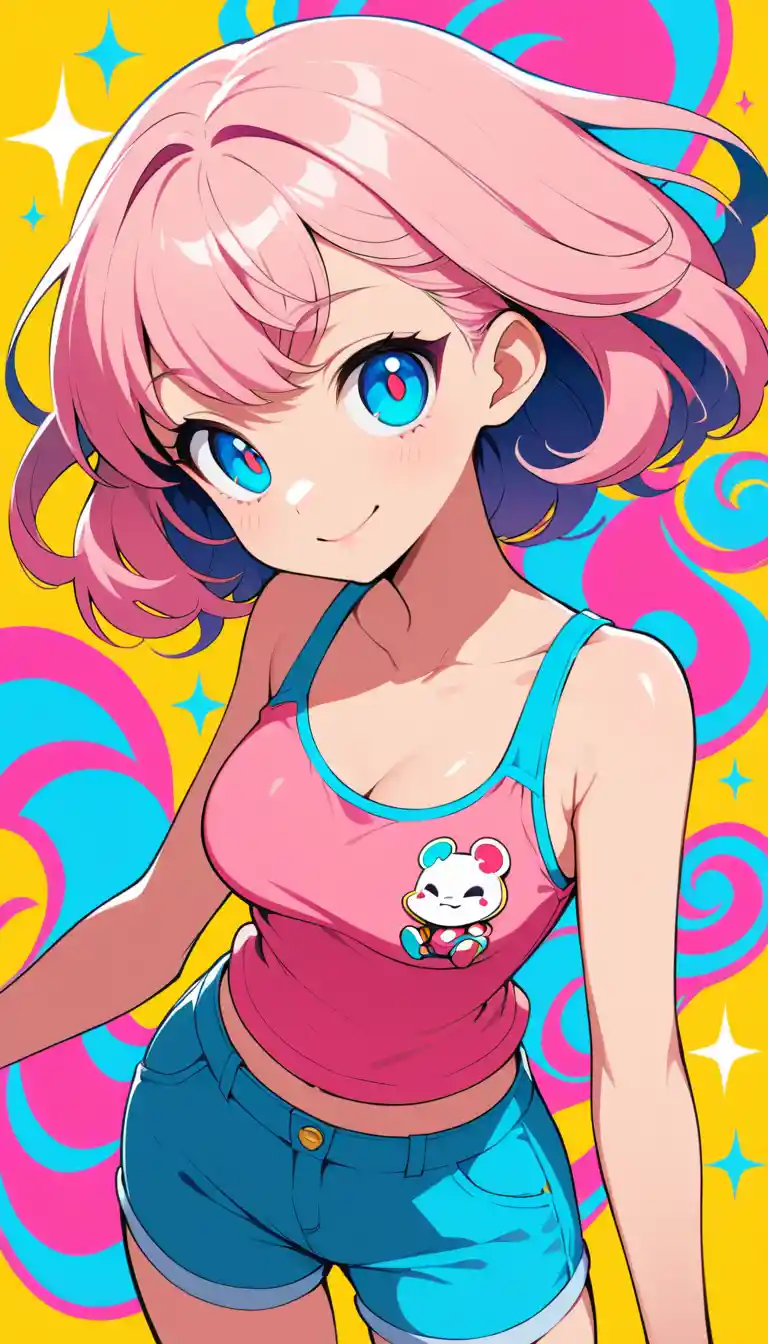 Chica escolar de anime con brillantes ojos azules en atuendo casual