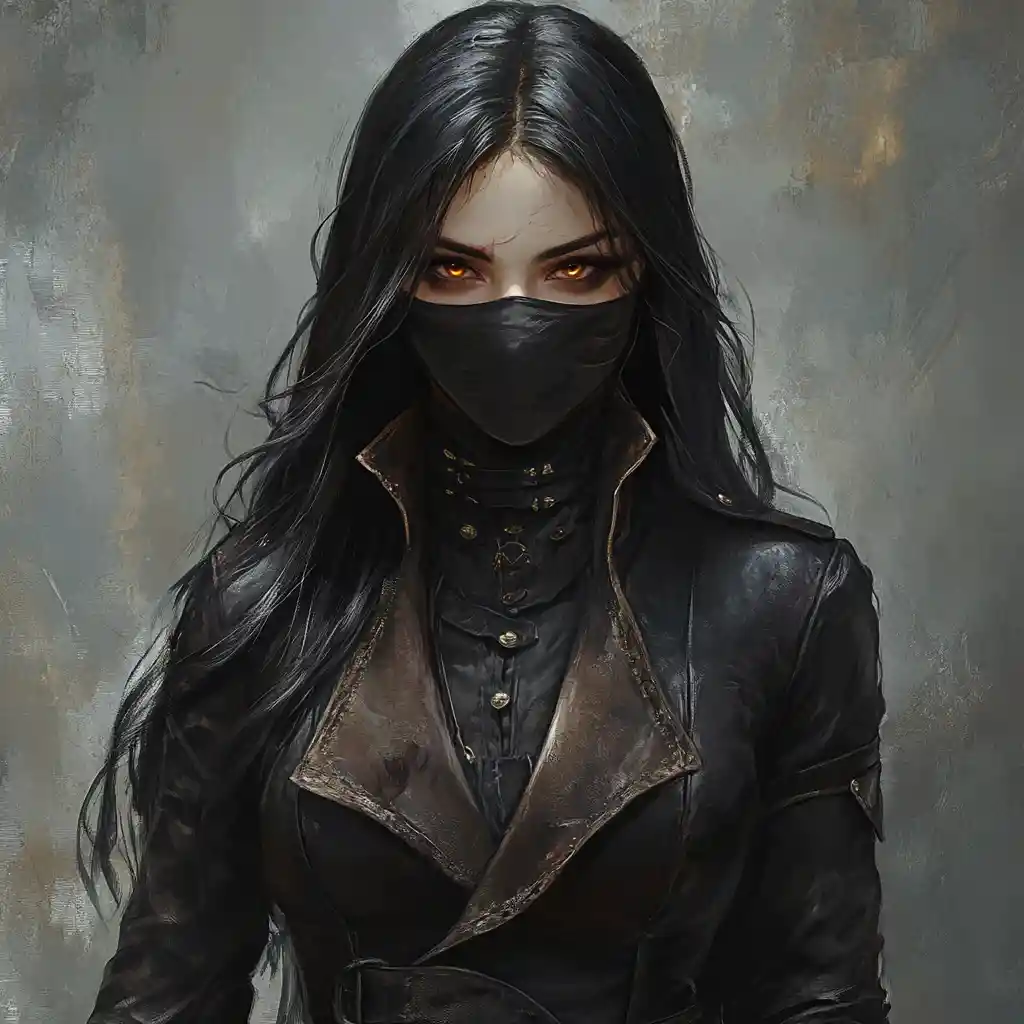 Masked fantasy alchemist woman with long black hair