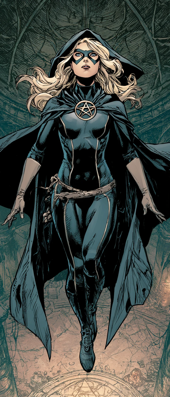 Blond Superhero Woman Leviting In Dark Arcane Chamber