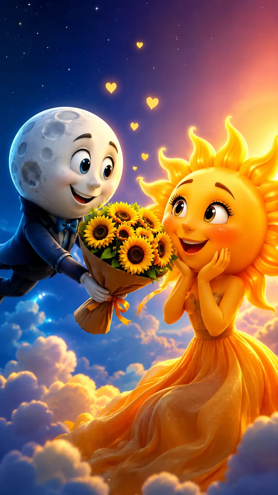 Lune Amoureuse Offrant des Tournesols au Soleil Rayonnant