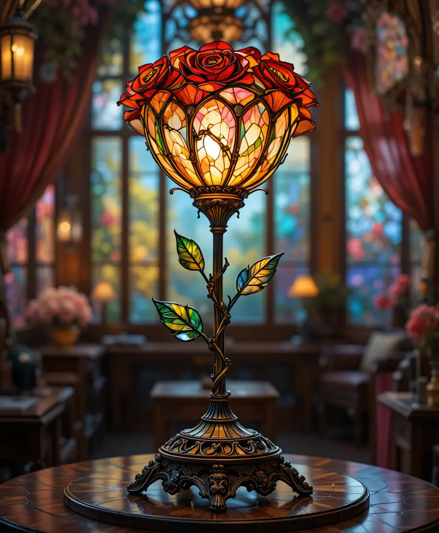 Nahaufnahme einer Rosenlampe aus Buntglas in einem Fantasy-Interieur