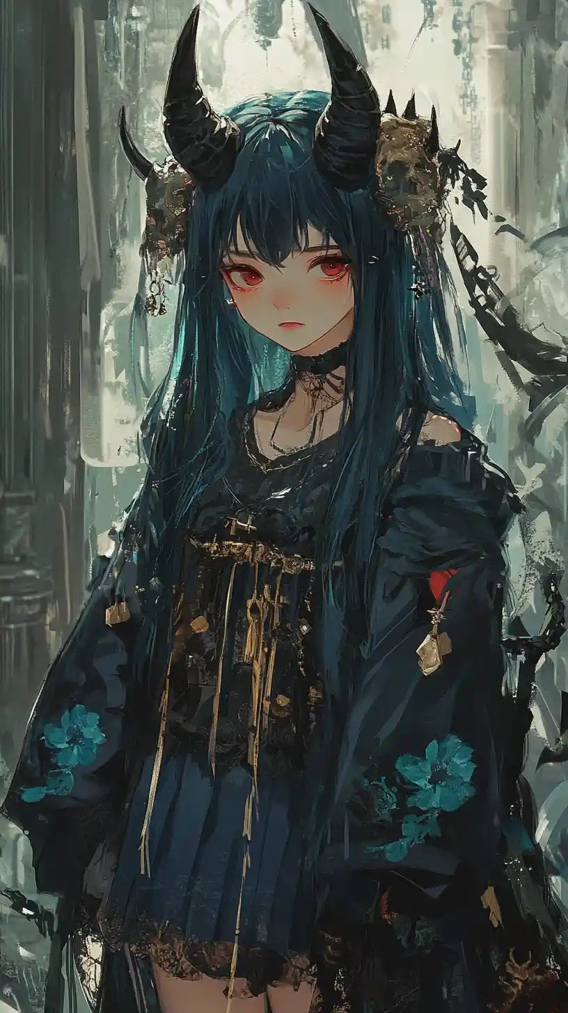Anime girl with demonic horn in ornate fantasy outfit
