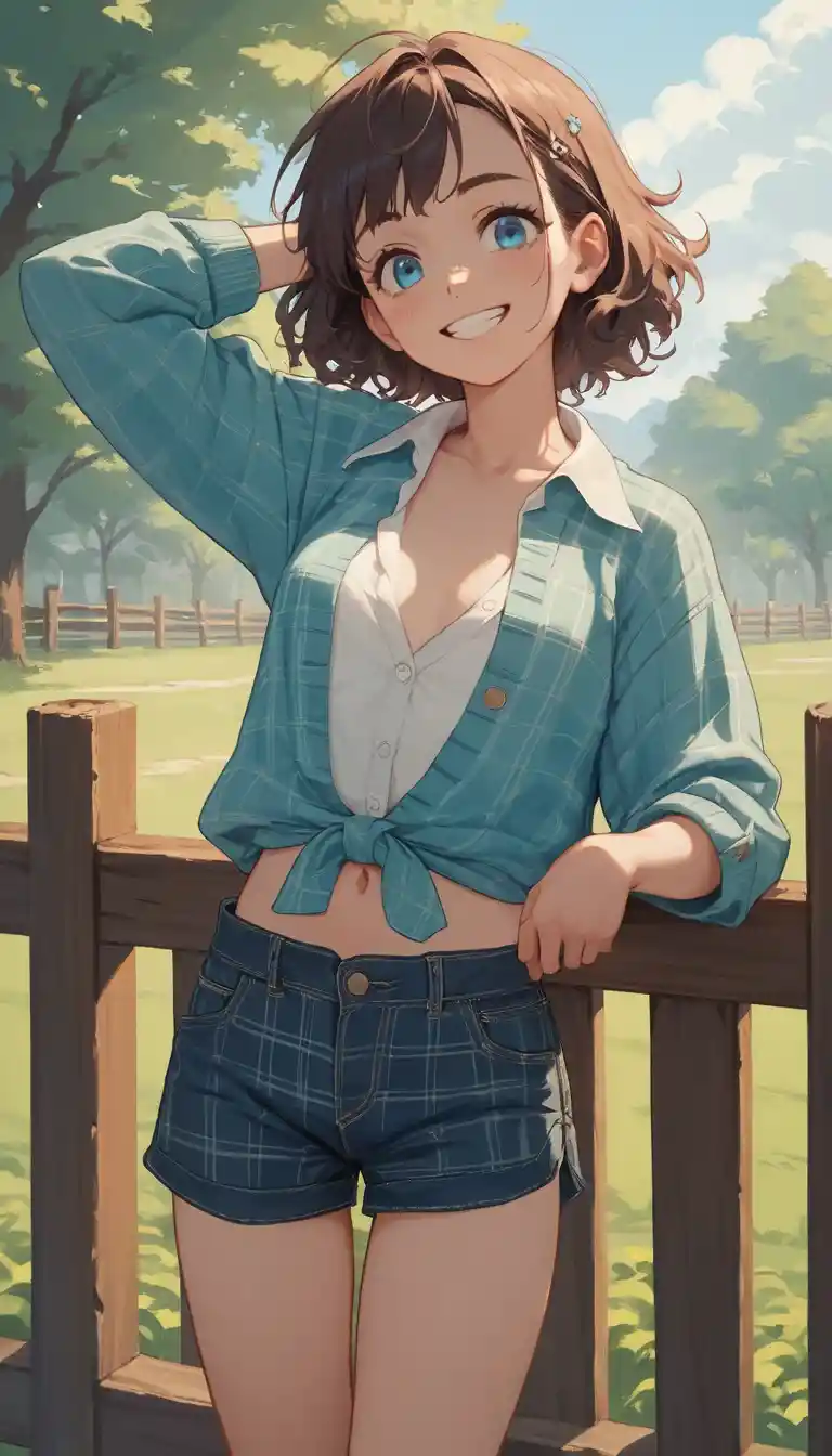 木製の柵のそばで遊ぶヴィンテージ風衣装のアニメ少女