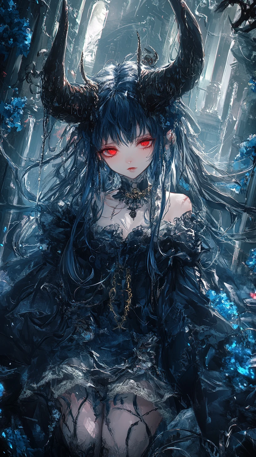 Anime girl with dark blue hair and demonic horn