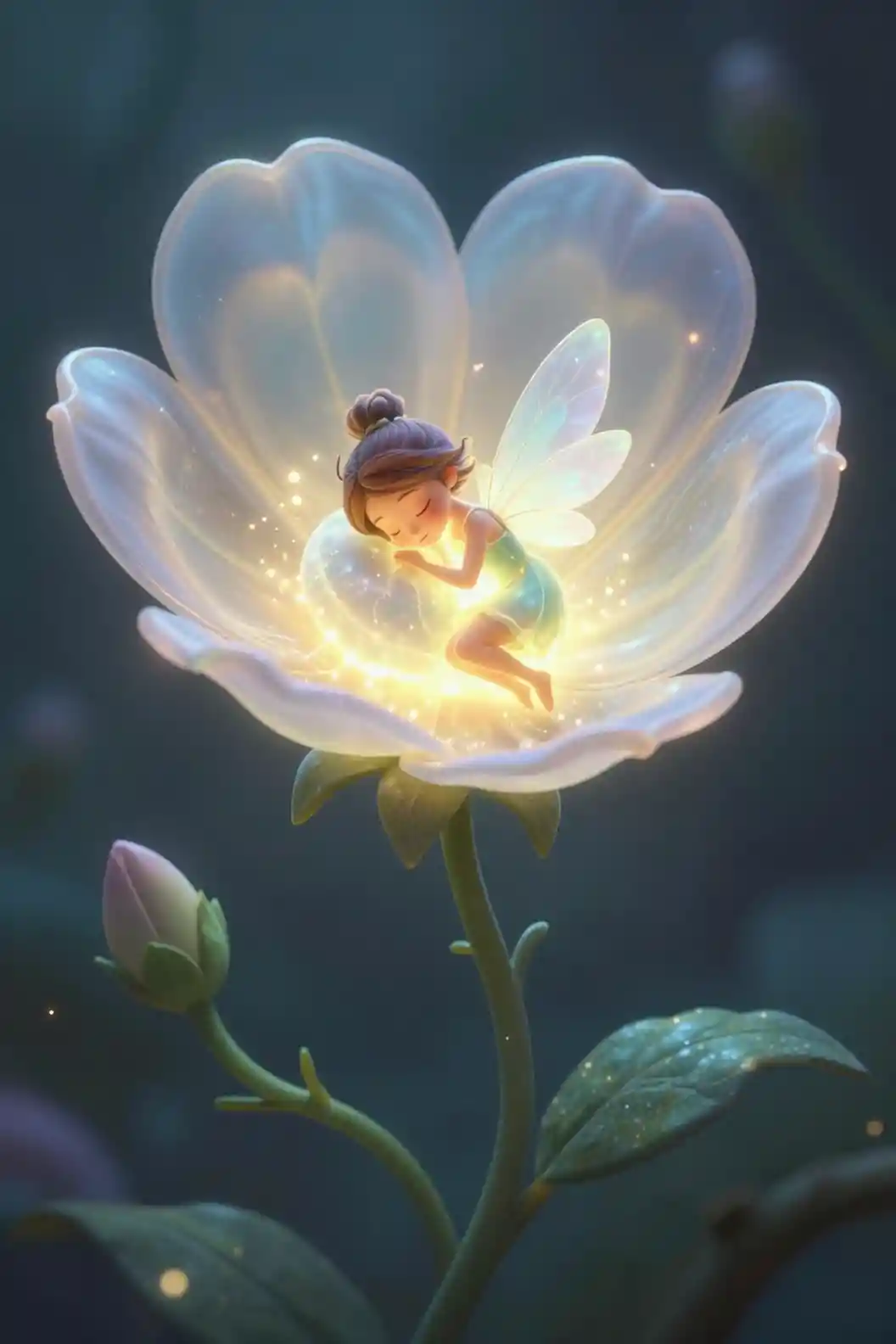 Glowing Heart Shaped Flower Cradling A Sleeping Fairy
