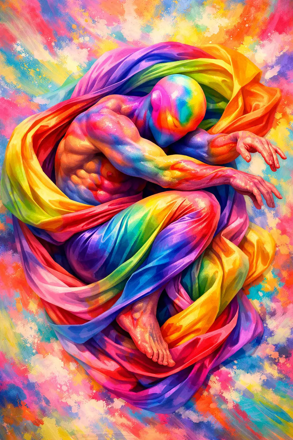 Surreal muscular figure wrapped in flowing rainbow silk