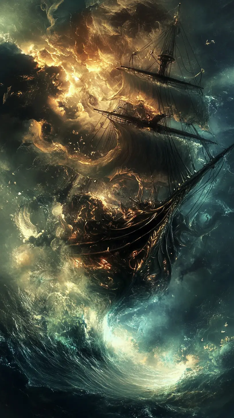 Dynamisches Geisterschiff über einem surrealen Fantasiemeer