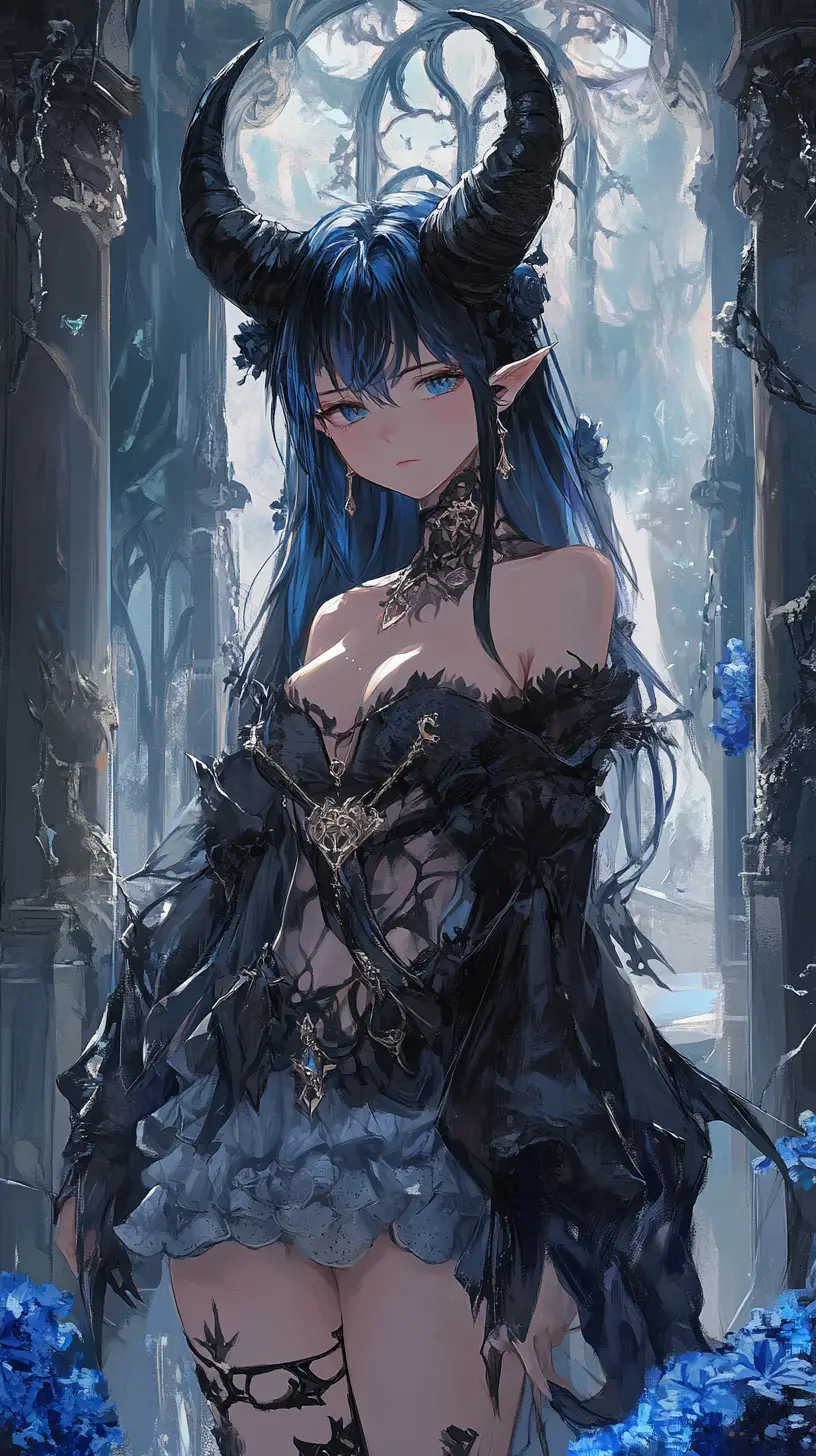 Blue haired anime girl in a horned jacket character design
