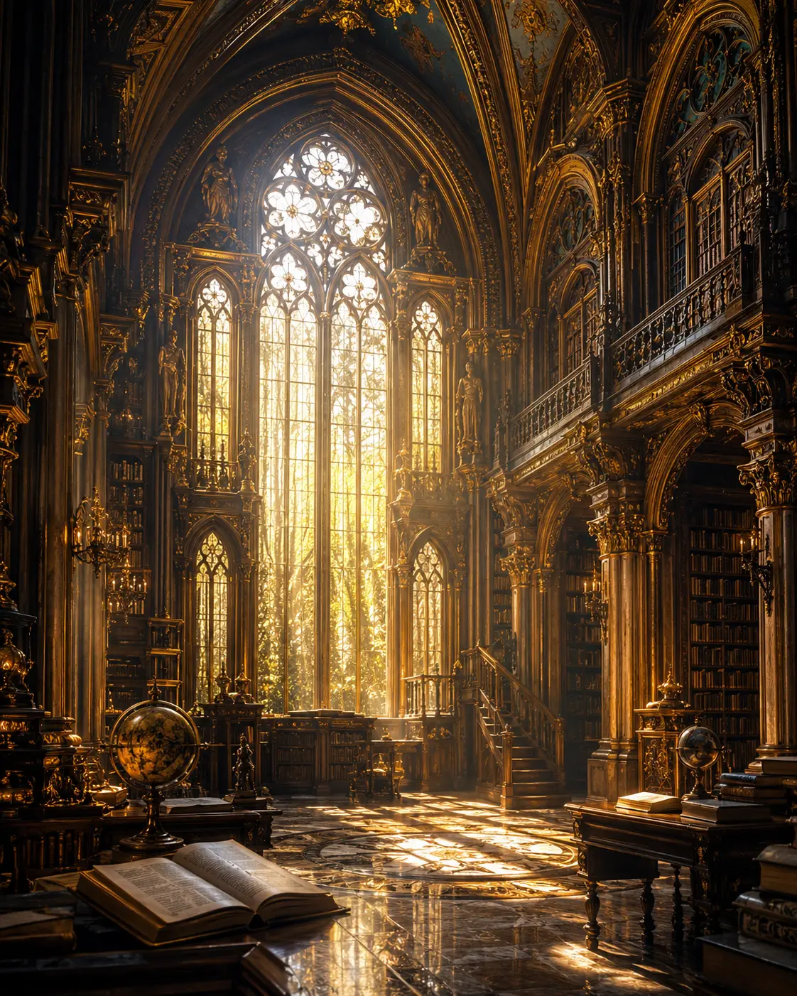 Grande bibliothèque gothique fantastique aux arcs baroques vertigineux