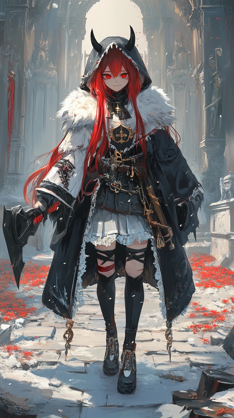 Fille d’anime rousse brandissant un marteau de guerre