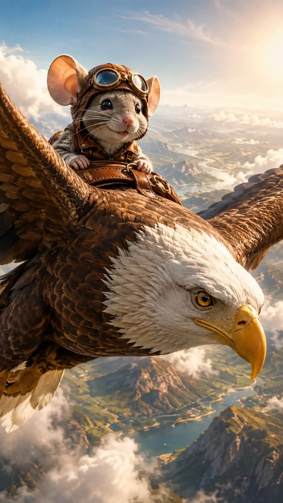 Adventurous mouse riding a majestic eagle through bright skies